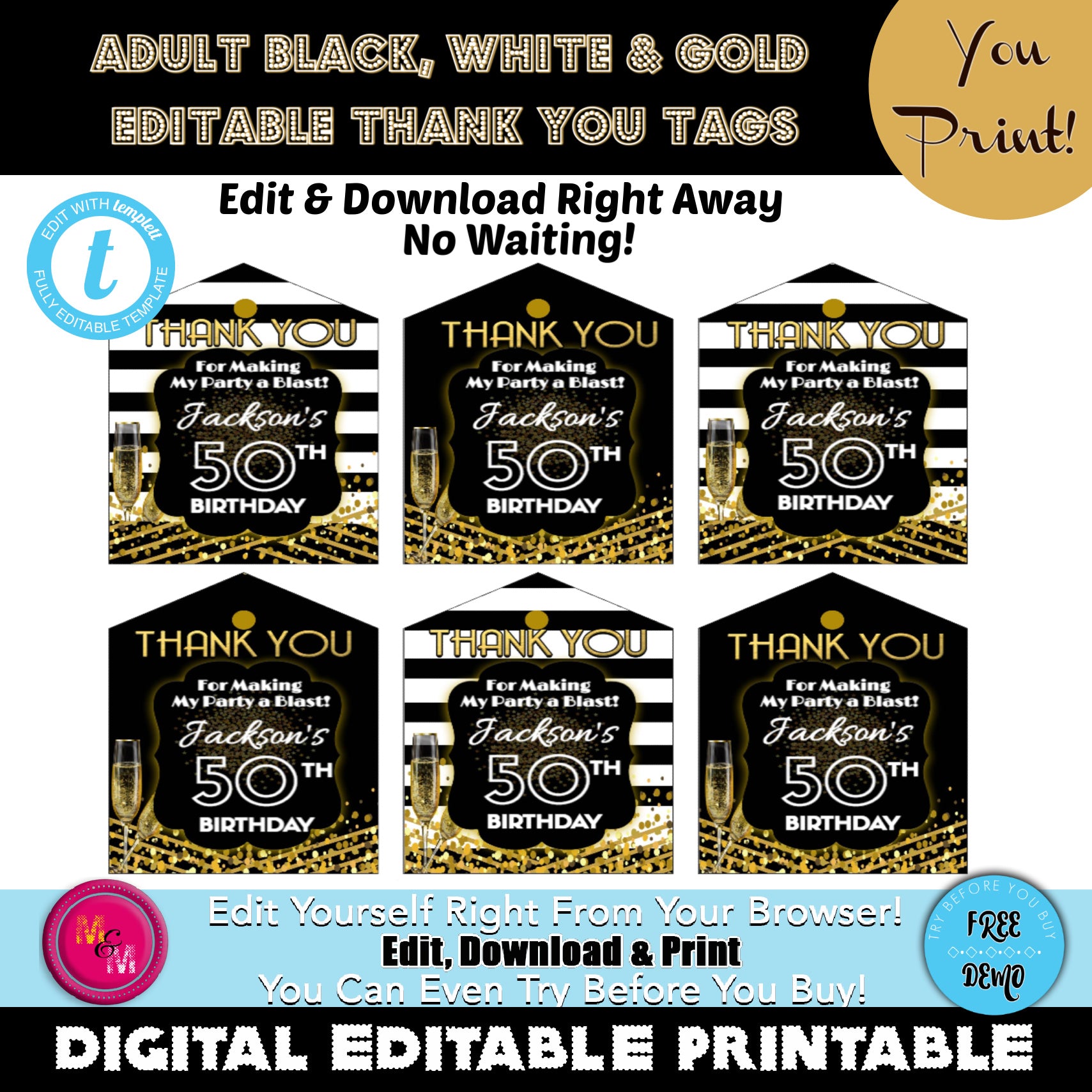 Editable Black, White & Gold Thank You Favor Tags Printable, Black