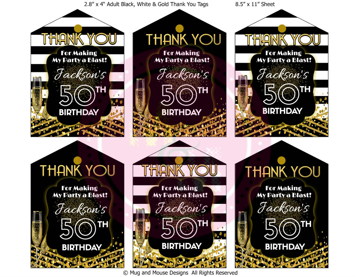 Editable Black, White & Gold Thank You Favor Tags Printable, Black and