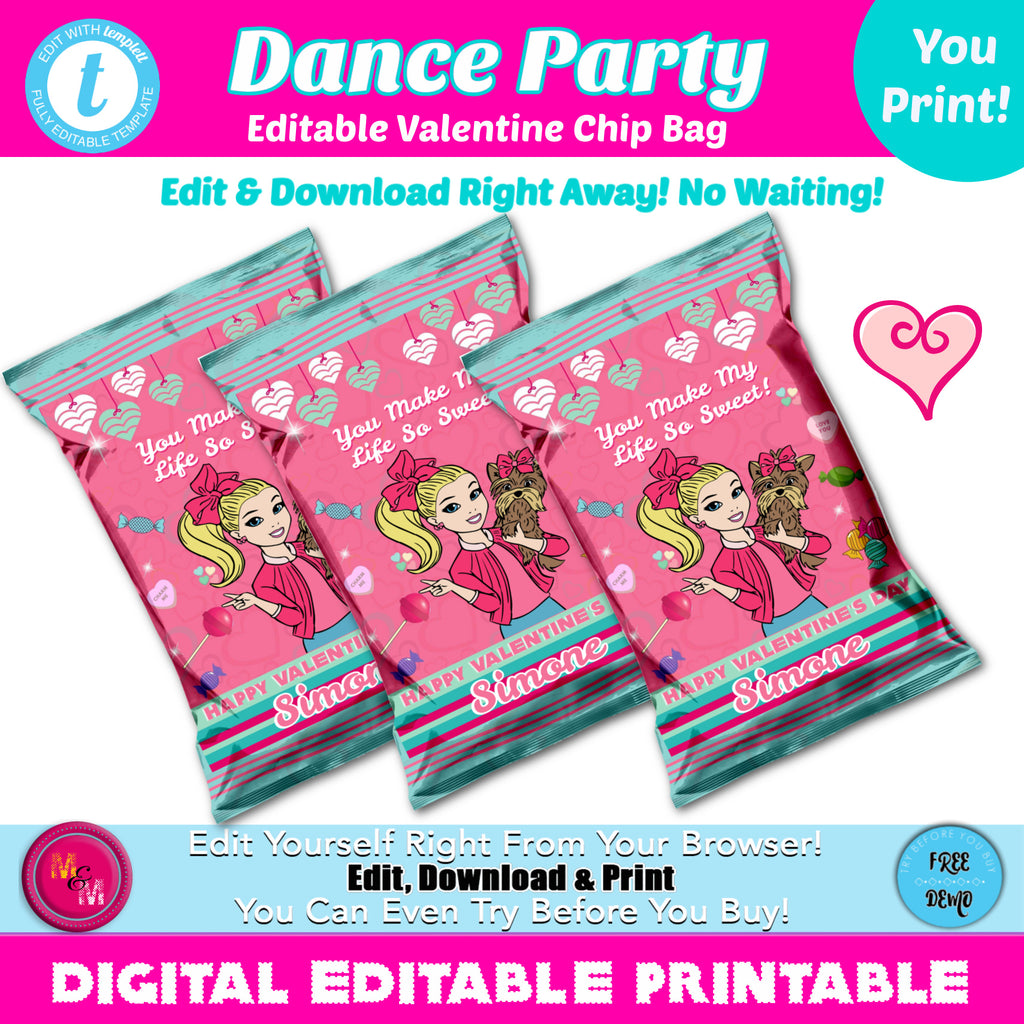 Editable Dance Party Holiday Chip Favor bags, Christmas favor bags