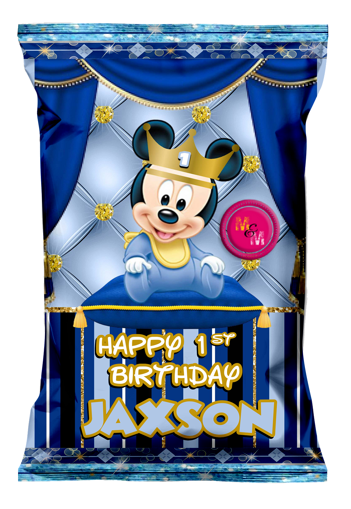 Editable Royal Prince Baby Mickey Mouse Chip Bag & Juice Pouch Set, Ro