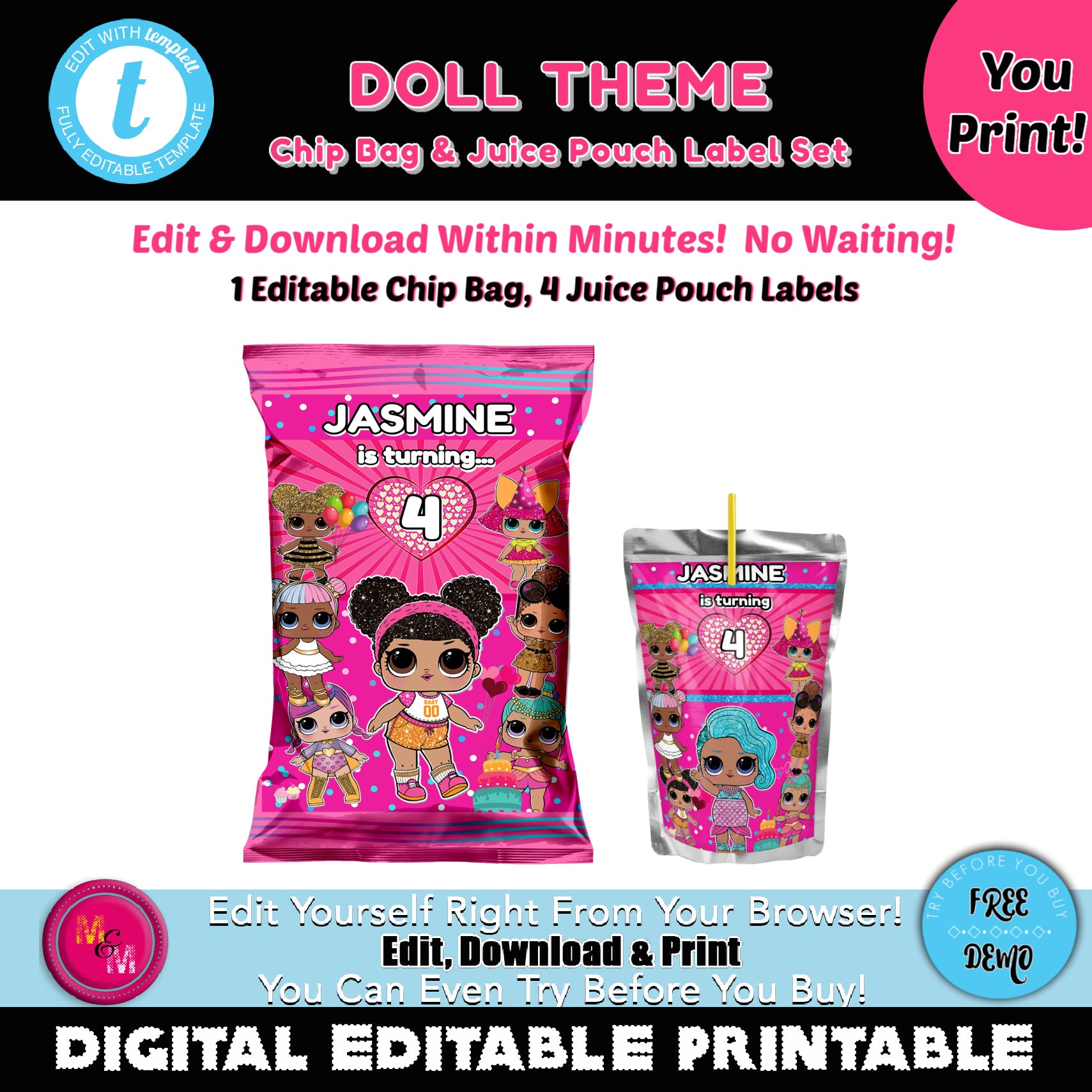 editable dolls theme chip bag capri set doll party favors mug and mouse designs