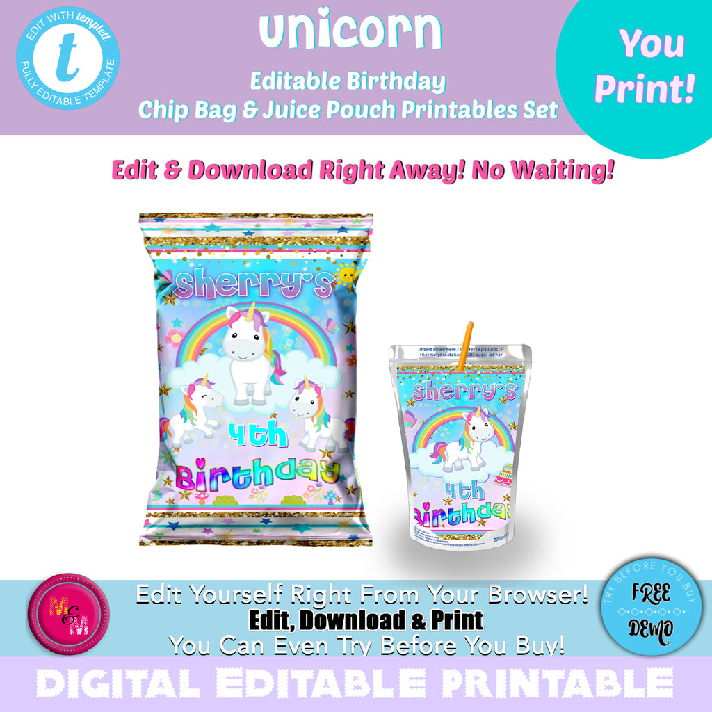 unicorn capri sun label-unicorn first birthday-unicorn party supplies- –  Personalize Our Party
