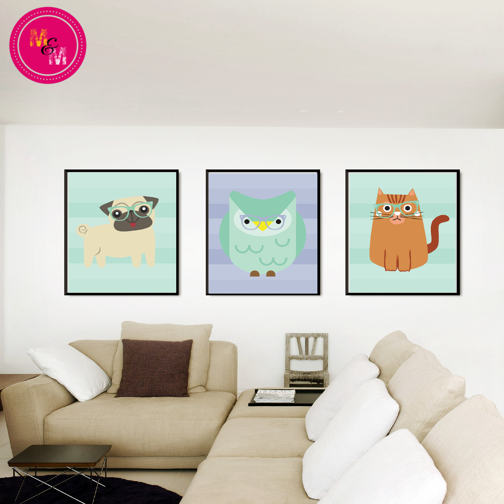 Instant Download-Hipster Cute Animal Set Owl, Dog, Cat Wall Print Set, Print at Home, Nursery wall decor, #Hipsterdog, #hipstercat AD3351 - mugandmousedesigns