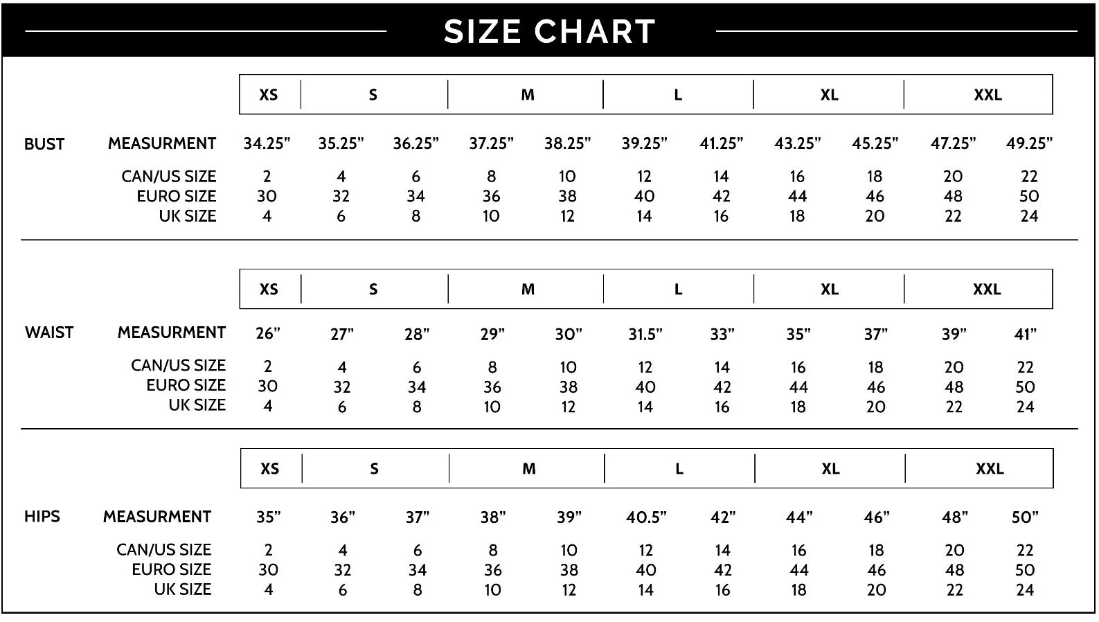 Size Charts | Lola's Fashions – lolasfashions.ca