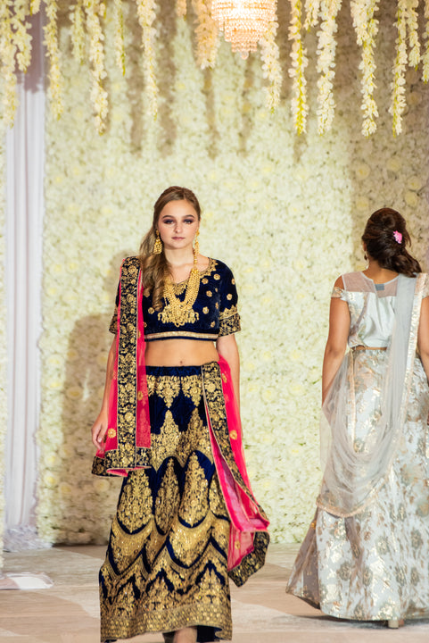 Dazzling Navy Blue And Gold Velvet Indian Wedding Lehenga