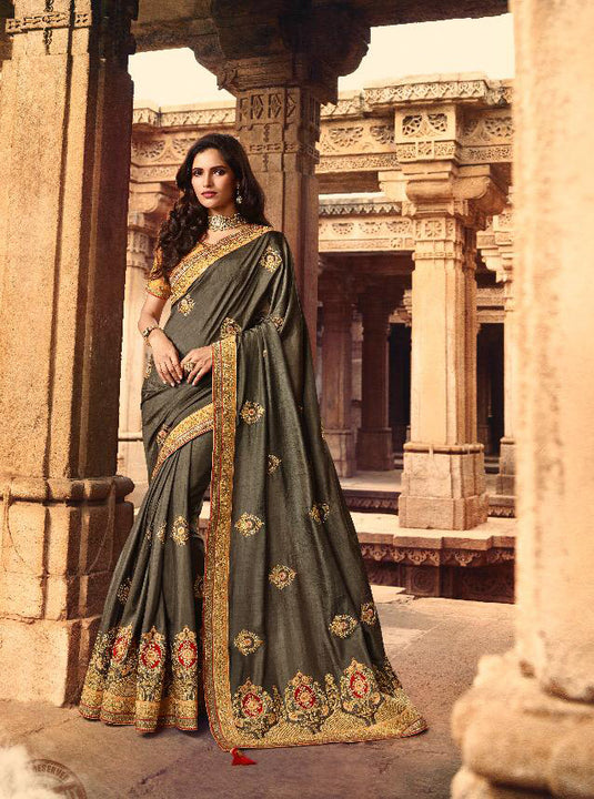 Gray And Gold Heavy Embroidered Rich Indian Wedding Sari