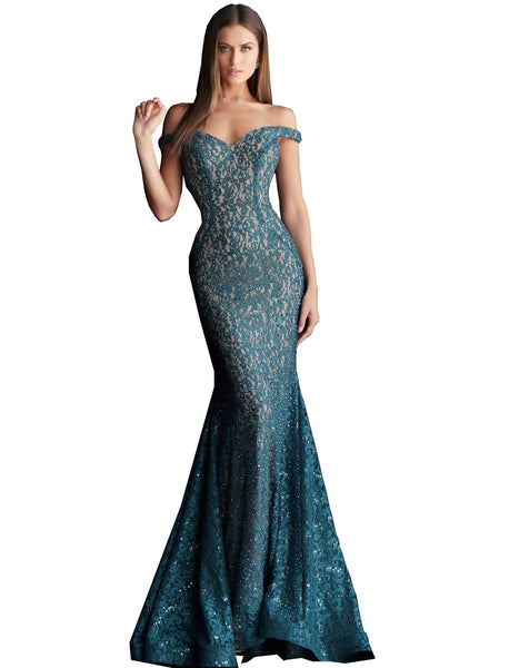 Jovani Peacock Embellished Lace Off the Shoulder Prom Dress – Saris and ...