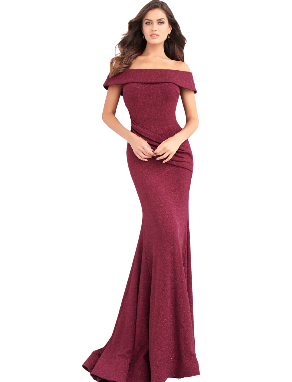 Jovani Burgundy Off the Shoulder Fitted Glitter Prom Dress – Saris and ...
