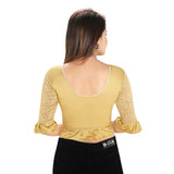 Designer Gold Non-Padded Stretchable Round Neck Frill Hems Sleeves Saree Blouse Crop Top (A-64-Gold)