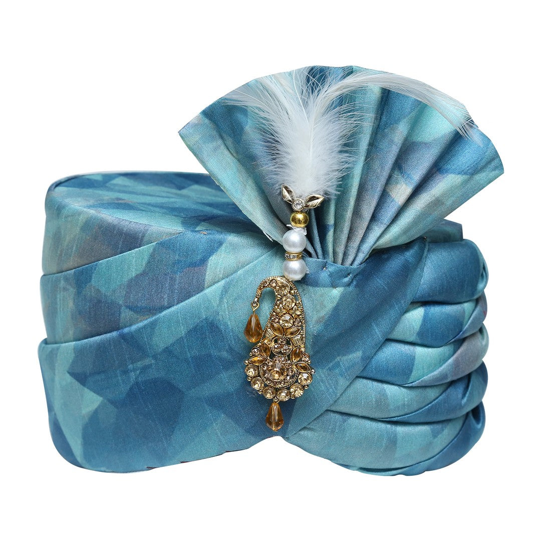 Turquoise Silk Embellished Wedding Safa Turban Pagdi -SNTBL0021