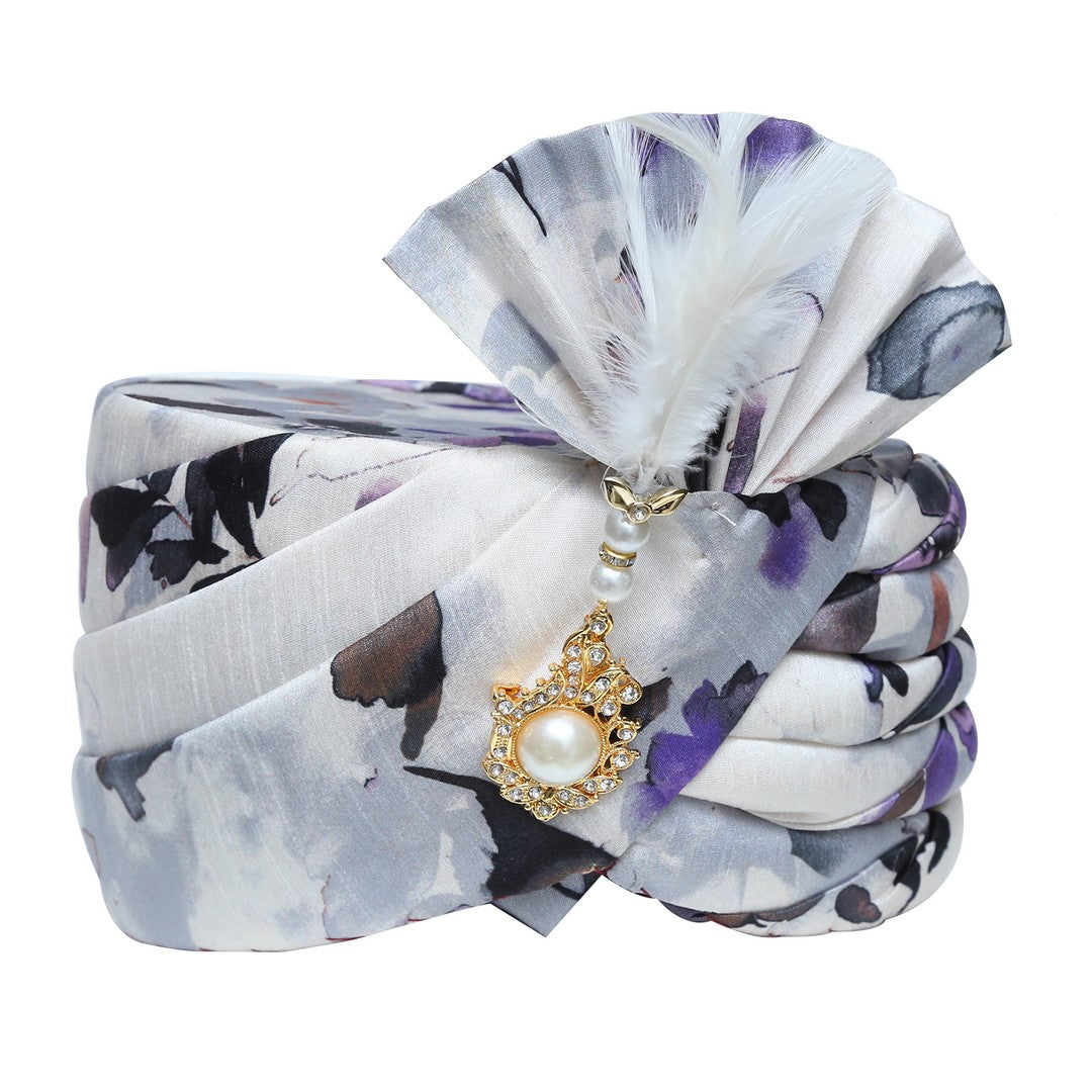 Purple and White Floral Print Wedding Safa Turban Pagdi -SNTBL0024