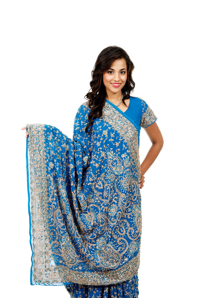Heavy Embroidery blue Indian Wedding Sari  Saree for Rent 