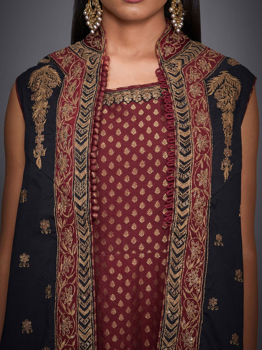 Ri Ritu Kumar Black Burgundy Tiered Dress With Jacket Saris And Things