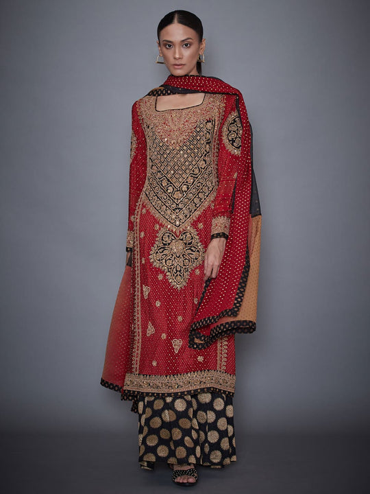 RI Ritu Kumar Burgundy & Black Embroidered Kurti With Dupatta And Pala ...