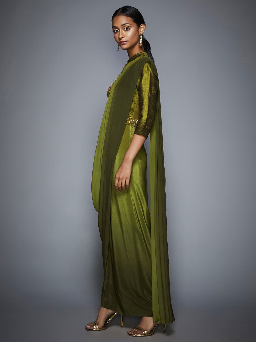 RI Ritu Kumar Khaki Green Ombre Pre-Draped Saree With Stitched Blouse ...