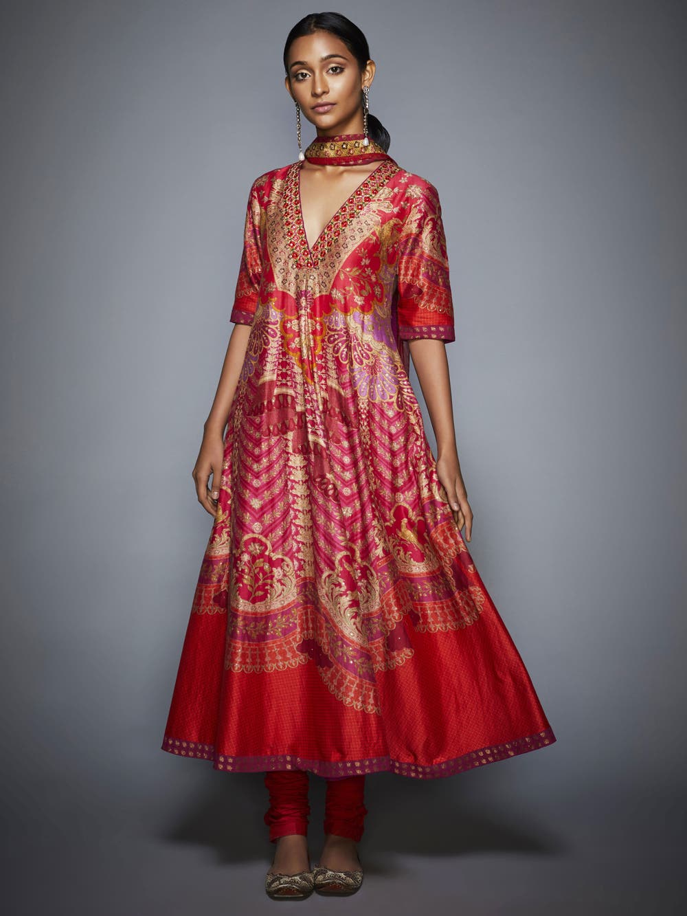 RI Ritu Kumar Red and Fuchsia Floral Printed Anarkali Suit – Saris and ...