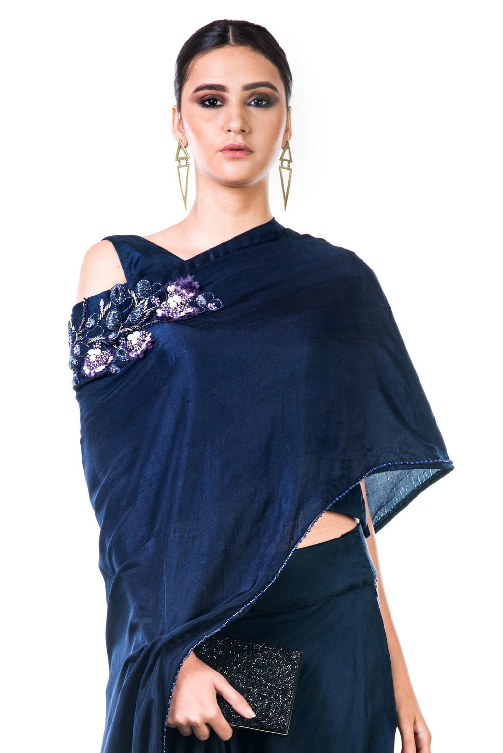Midnight Blue Draped Gown With A Hand Embroidered Cape Dupatta – Saris ...