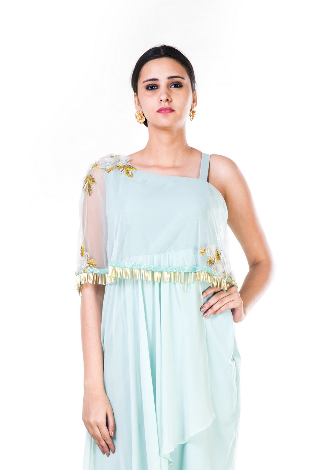 Blush Green Single Shoulder Cape Fringe Work Gown – Saris and Things