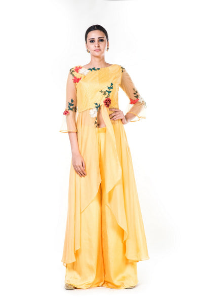 Embroidered Yellow Jacket Style Blouse & Palazzo Set – Saris and Things