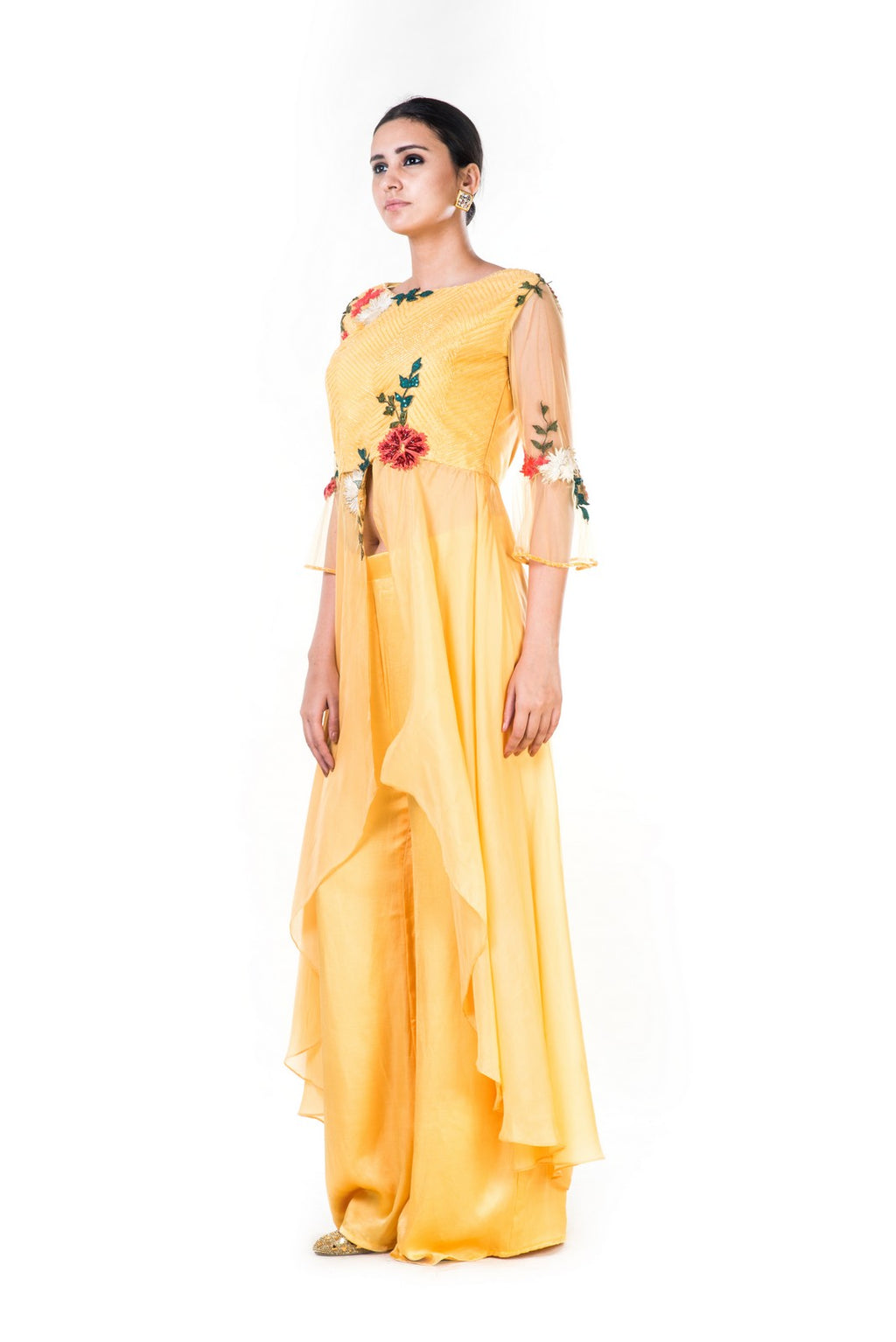 Embroidered Yellow Jacket Style Blouse & Palazzo Set – Saris and Things