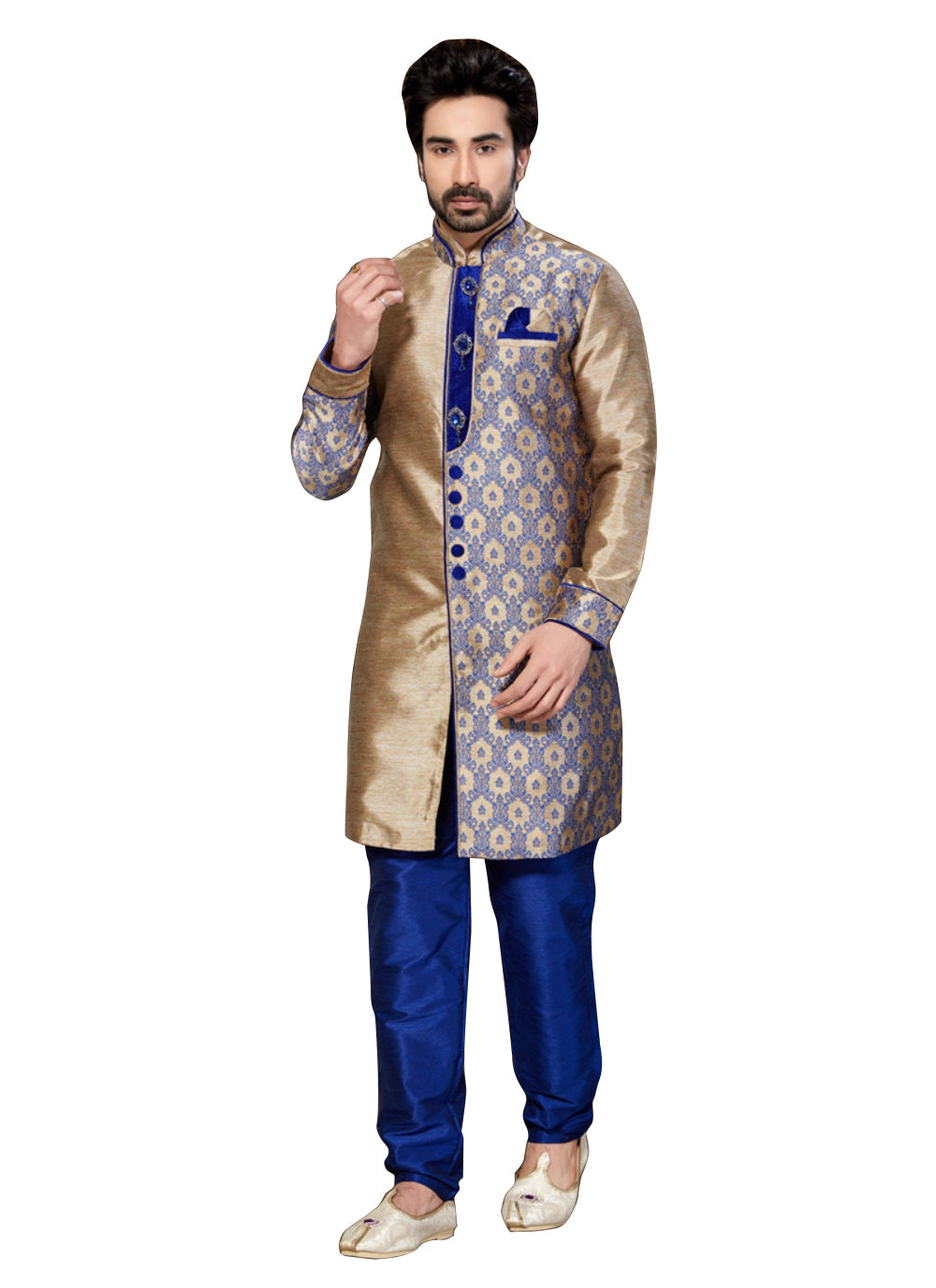 Brown Jacquard & Ghicha Silk Indian Wedding Indo-Western Sherwani For ...