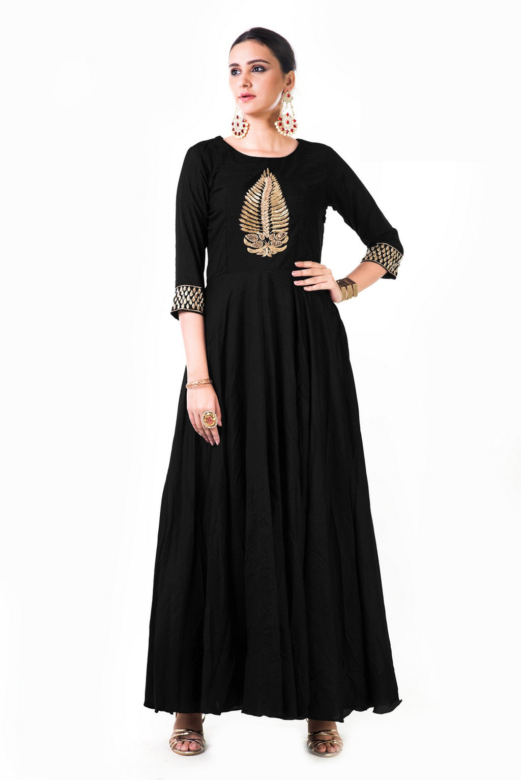 Black Leaf Hand Embroidered Silk Anarkali Gown – Saris and Things