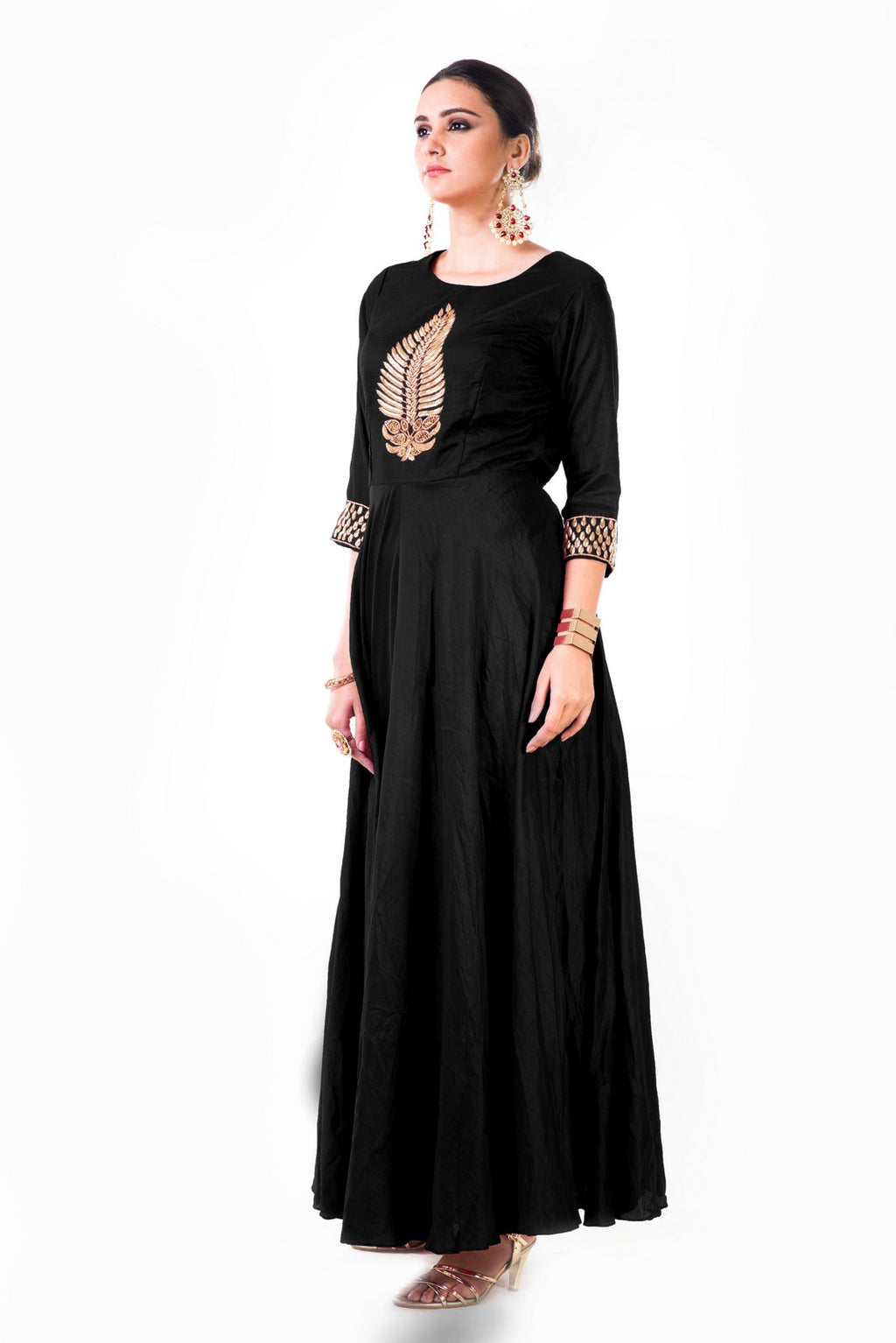 Black Leaf Hand Embroidered Silk Anarkali Gown – Saris and Things