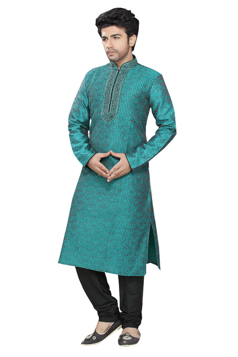 Saris and Things Blue and Black Art Silk Jacquard Chudidar Ethnic Indian Kurta Pajama for Men