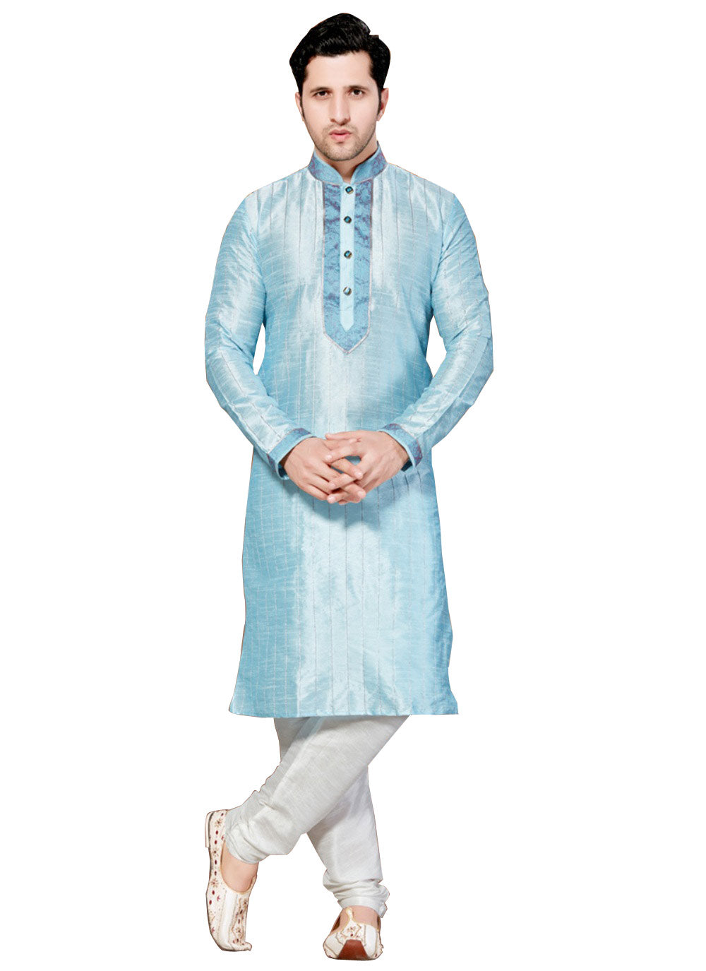 Saris and Things Blue Dupioni Raw Silk Readymade Ethnic Indian Kurta P
