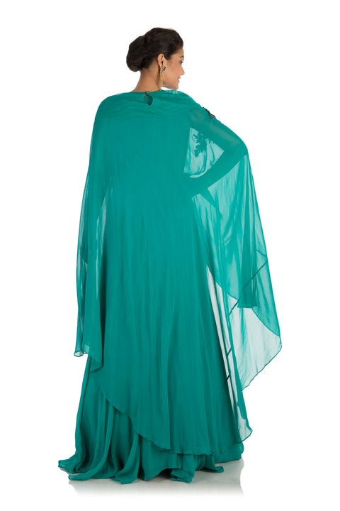 Hand Embroidered Pine Green Long Cape Gown – Saris and Things