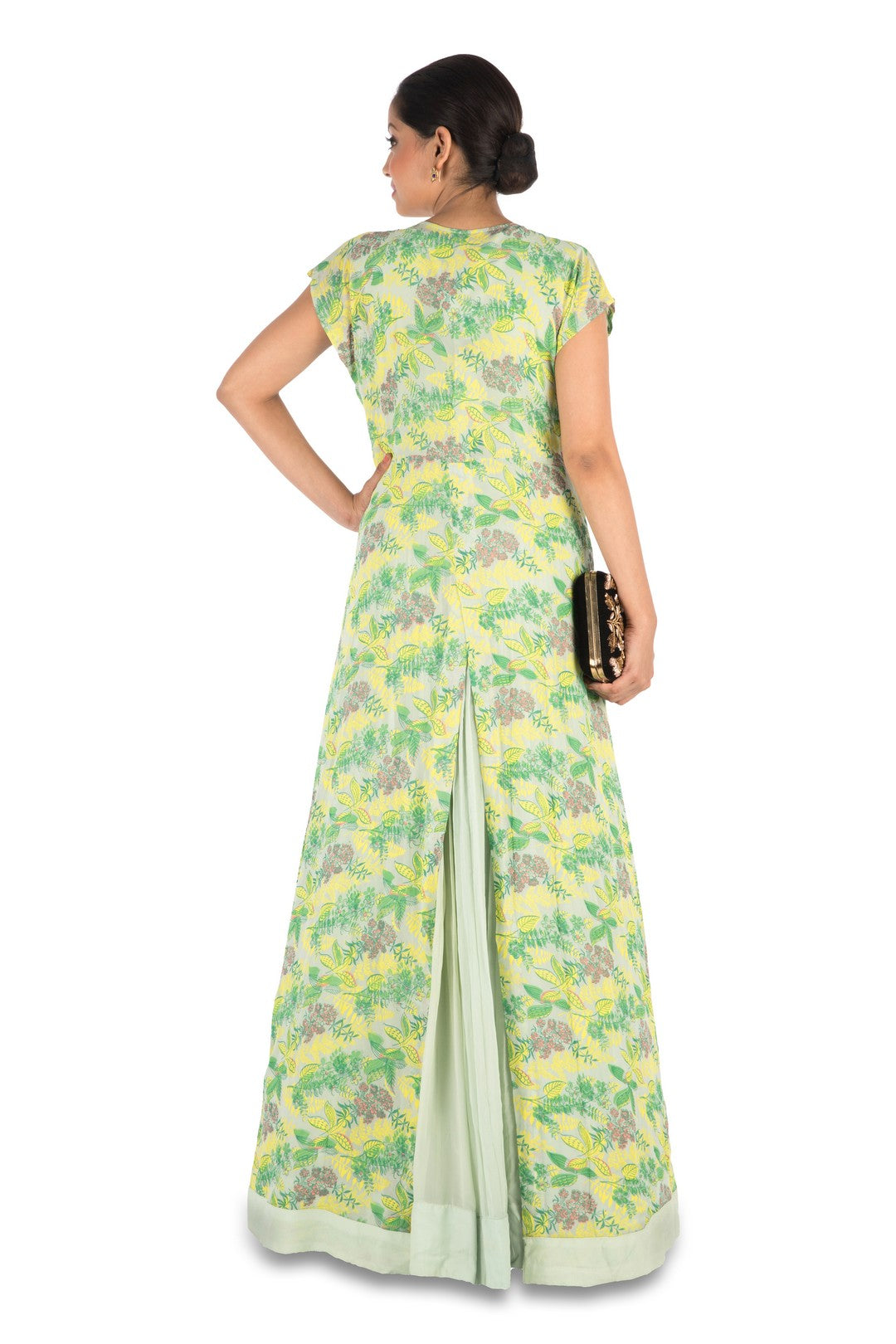 Hand Embroidered Pale Green Micro Pleated Flare Gown With Printe