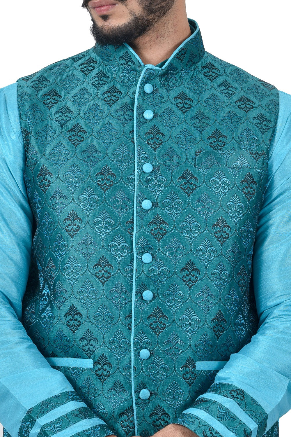 Indian Traditional Silk Lagoon Blue Sherwani Kurta Set with Celadon Green Jacket for Men