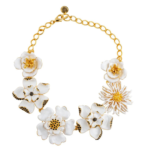Signed Carolina Herrera White Flower Charm White Statement Necklace