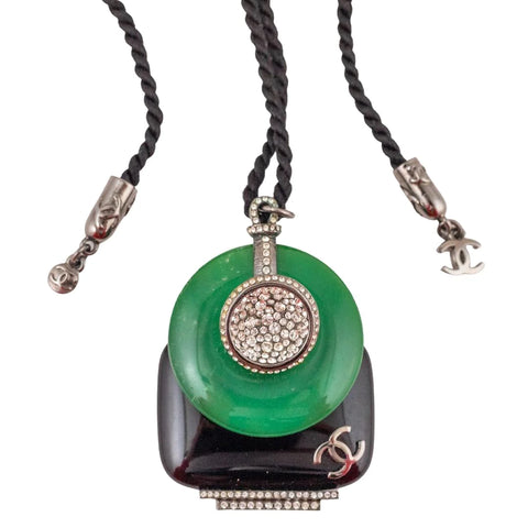 Signed CHANEL 'CC' Deco Style Green & Black Glass Pendant Necklace