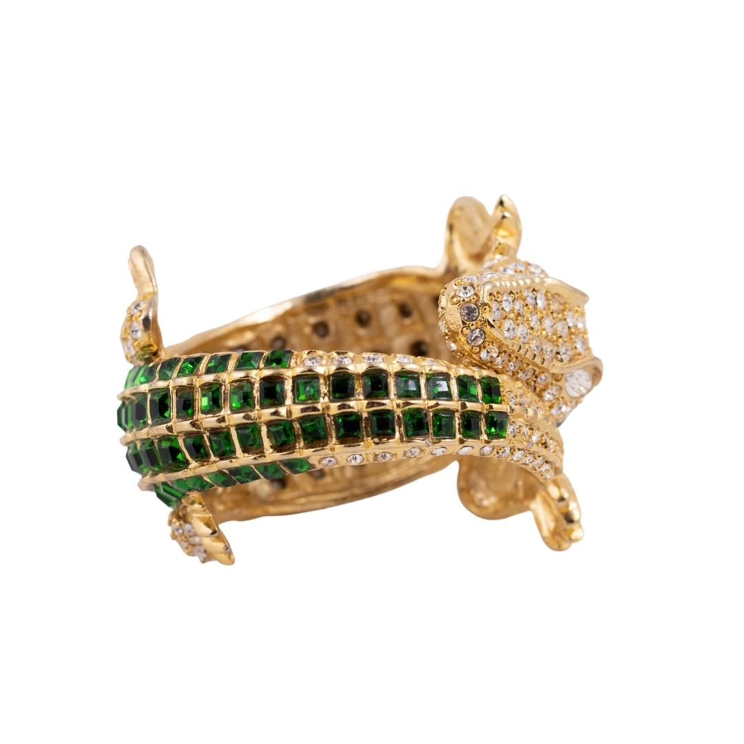 Signed Kenneth Jay Lane Gold & Rhinestone Green Alligator Bracelet