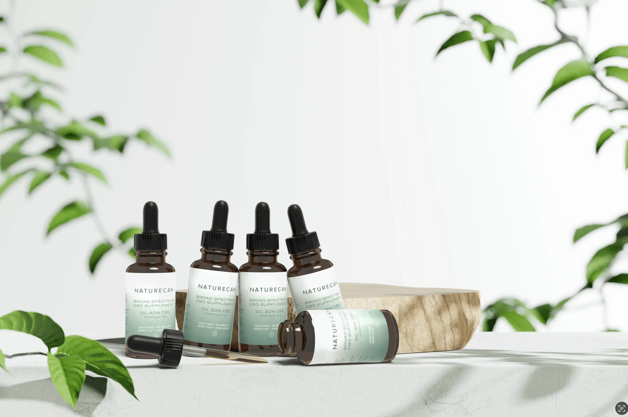 Naturecan aceite de CBD sobre fondo blanco con plantas