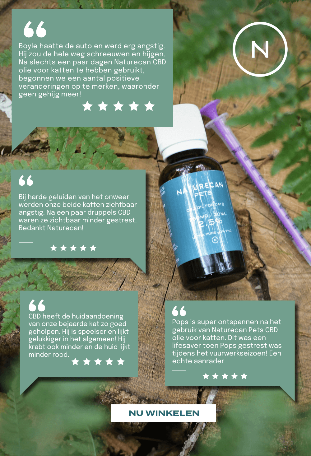 2.5% CBD Oil on a log with 5 star reviews 