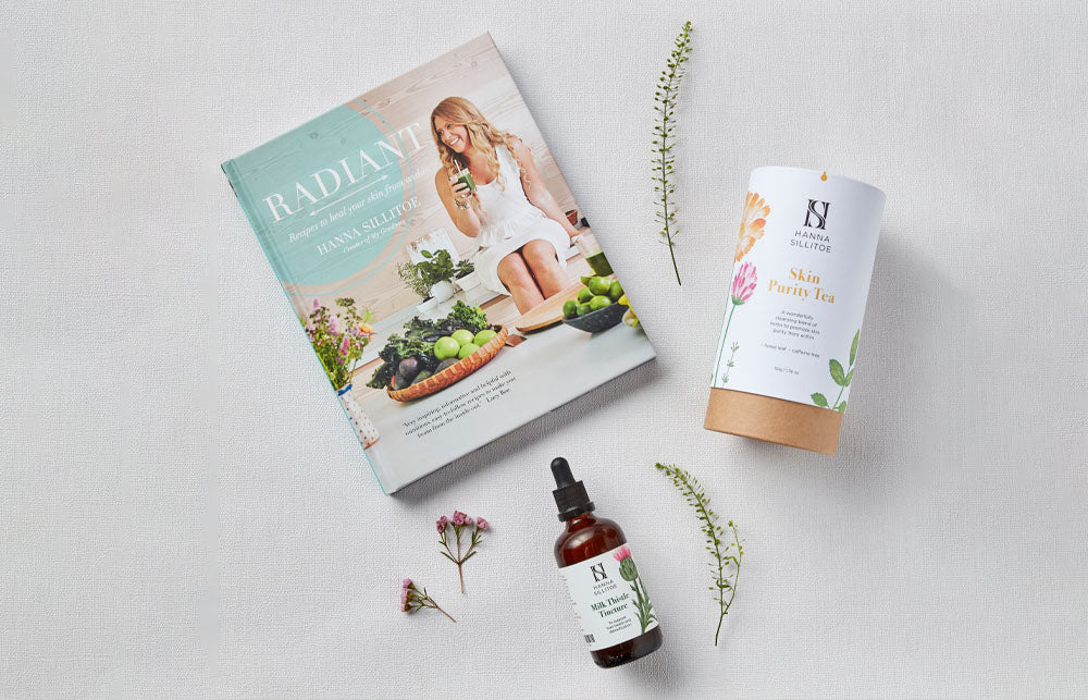 Hanna Sillitoe Milk thistle, skin purity tea, radiant book