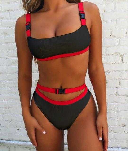 red and white buckle bikini