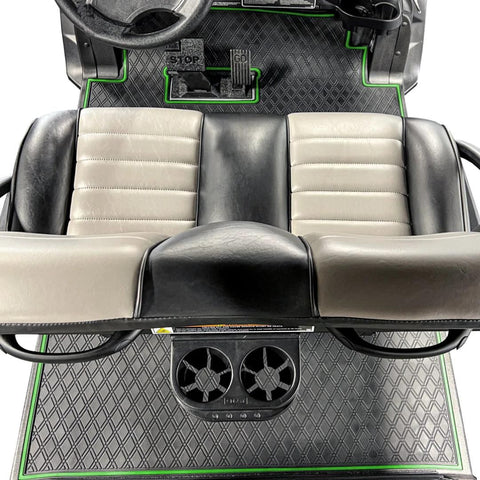a top down view of a large golf cart with fitted floor mats
