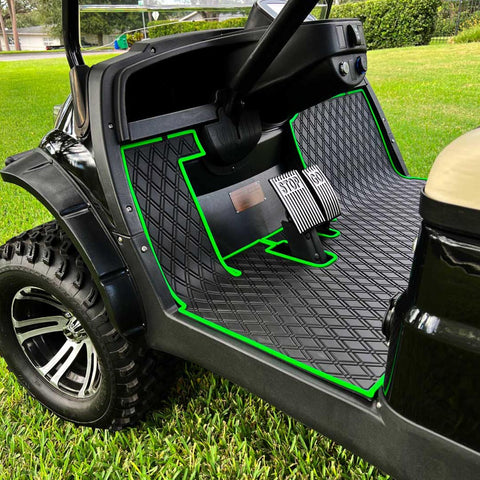 Gold cart with black mat with green trim