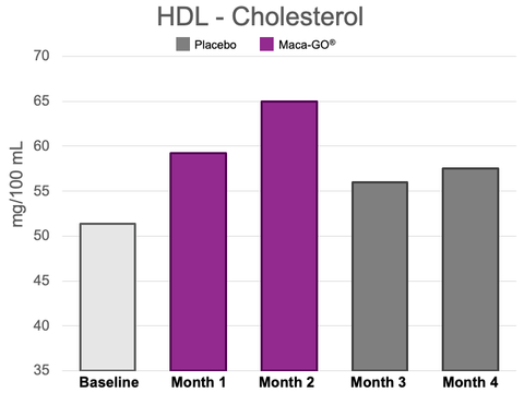Image 4: HDL Cholesterol levels, levels, placebo vs. Maca-GO®. Data
        extracted from (18)