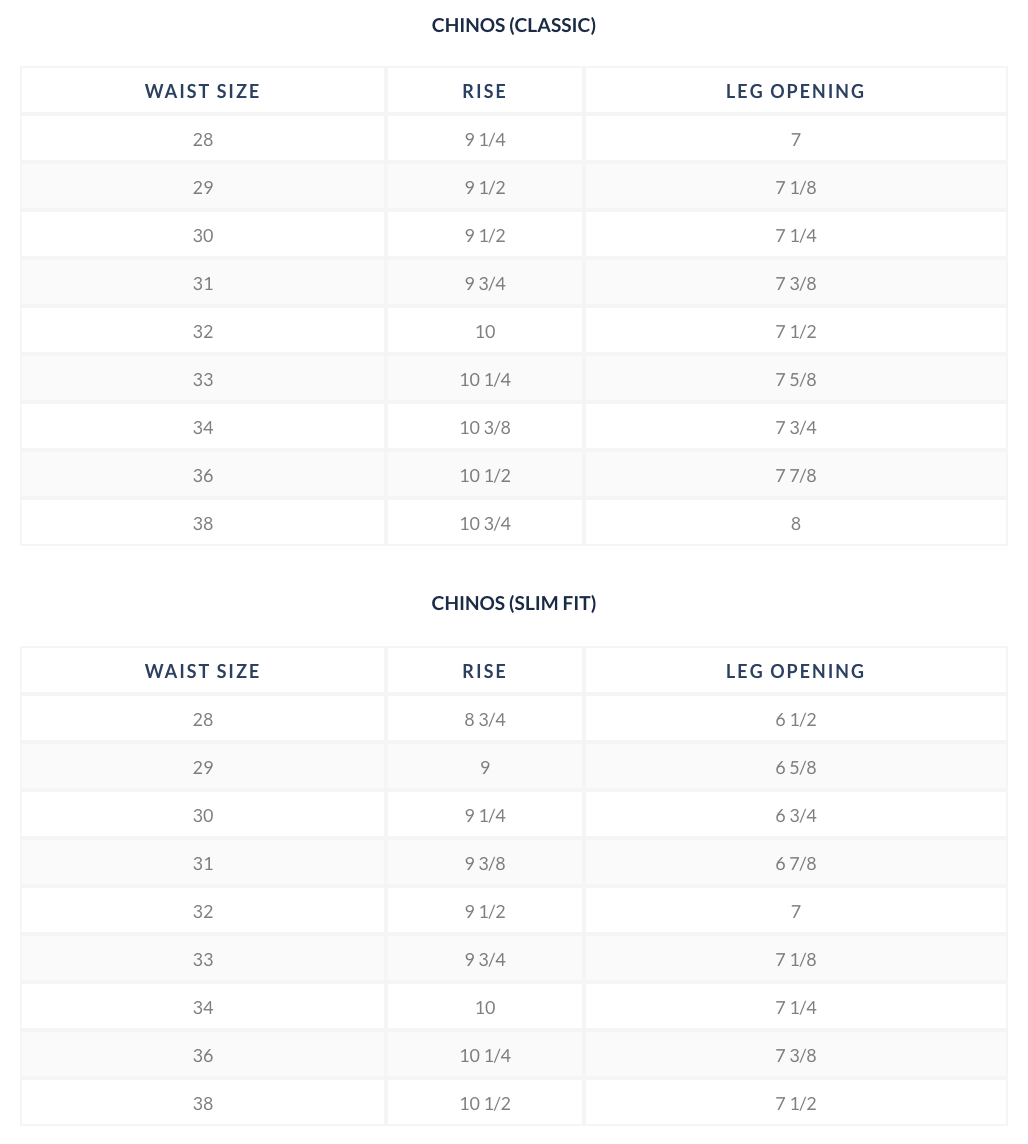 PMNYC Chinos Size Chart