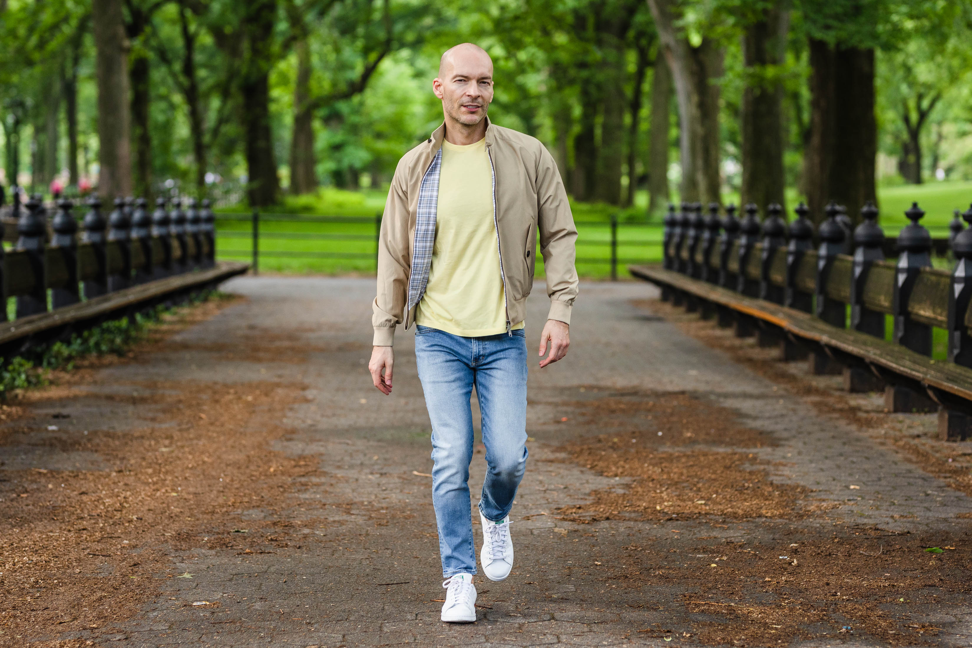 Tan Harrington jacket with jeans