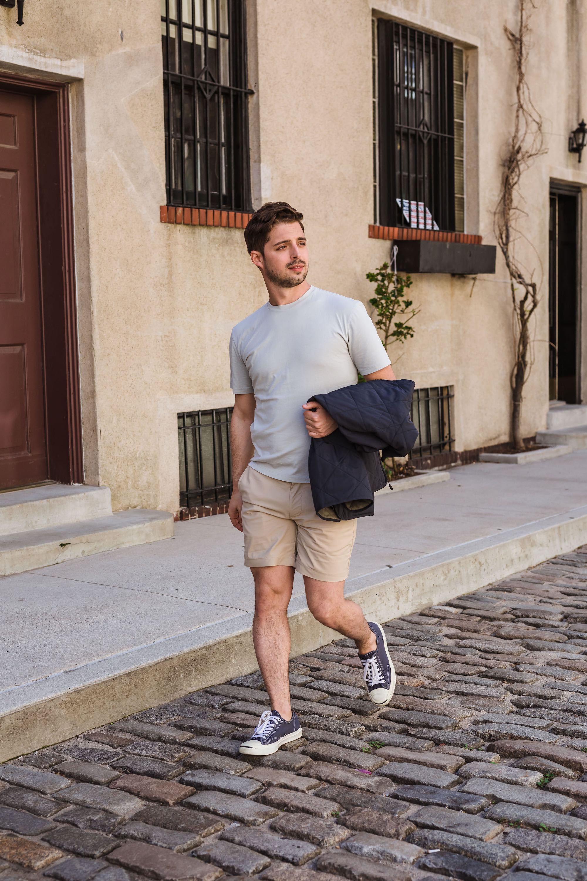 T-shirt with shorts and sneakers