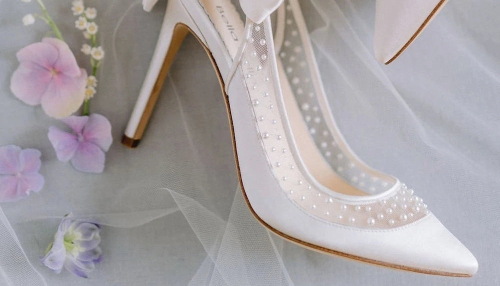 High Heel Lace Beaded Wedding Shoes with Removable Bow