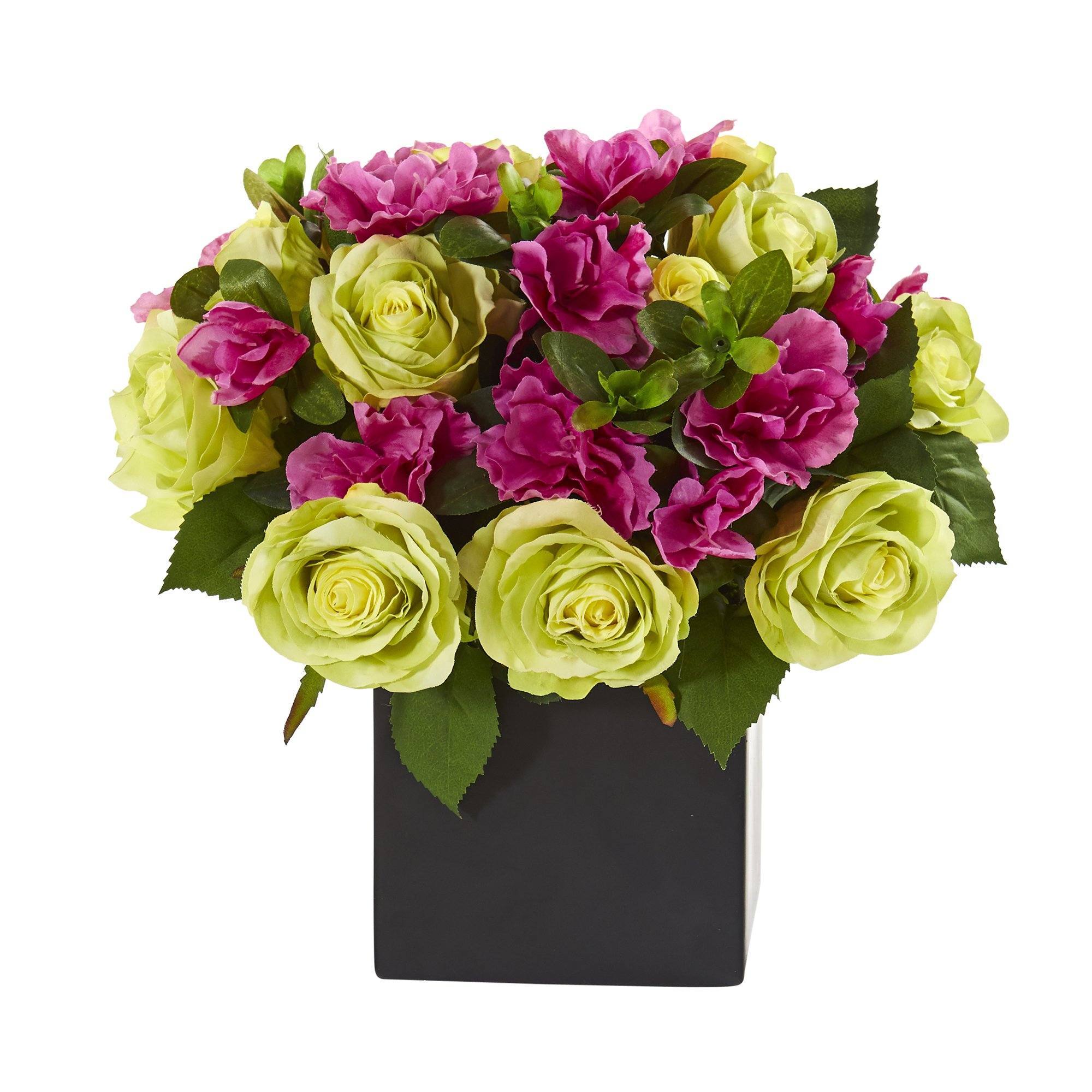  10” Rose and Azalea Artificial Arrangement in Black Vase 