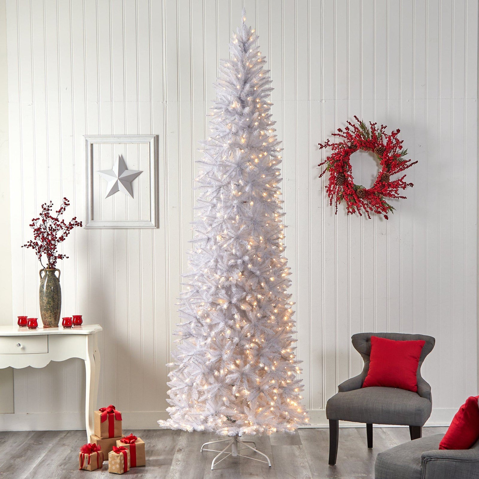 10 Slim White Artificial Christmas Tree With 800 Warm White Led Lights And 2420 Bendable