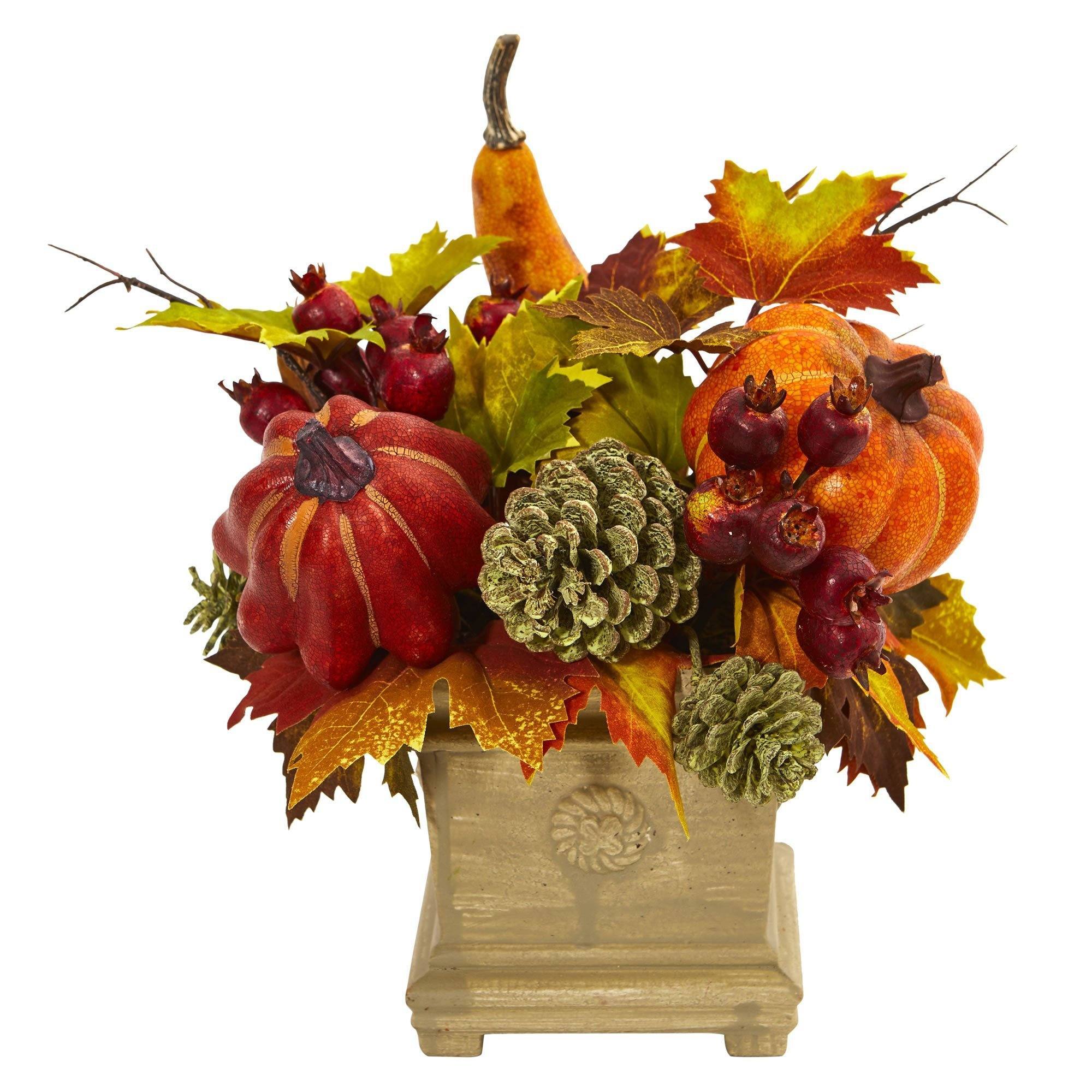  11" Pumpkin, Gourd, Berry and Maple Leaf Artificial Arrangement" 