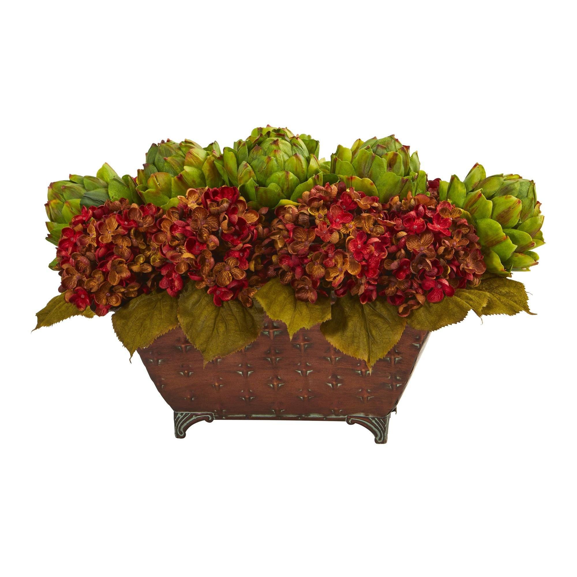  12" Artificial Arrangement Hydrangea & Artichokes in Metal Planter" 